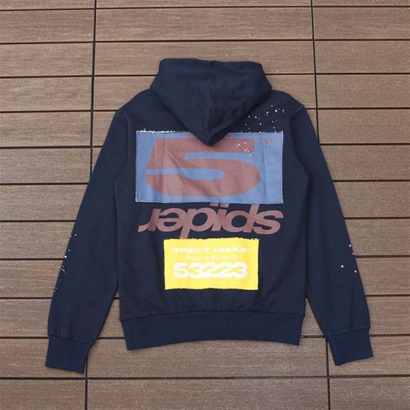 Sp5der Navy Blue & Brown Logo Pullover Hoodie Sweatshirt - Picture 6 of 13